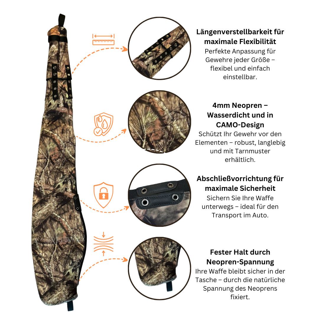 Detailübersicht der robusten Neopren-Gewehrtasche von HNTR LEGEND – perfekt für die Jagd.